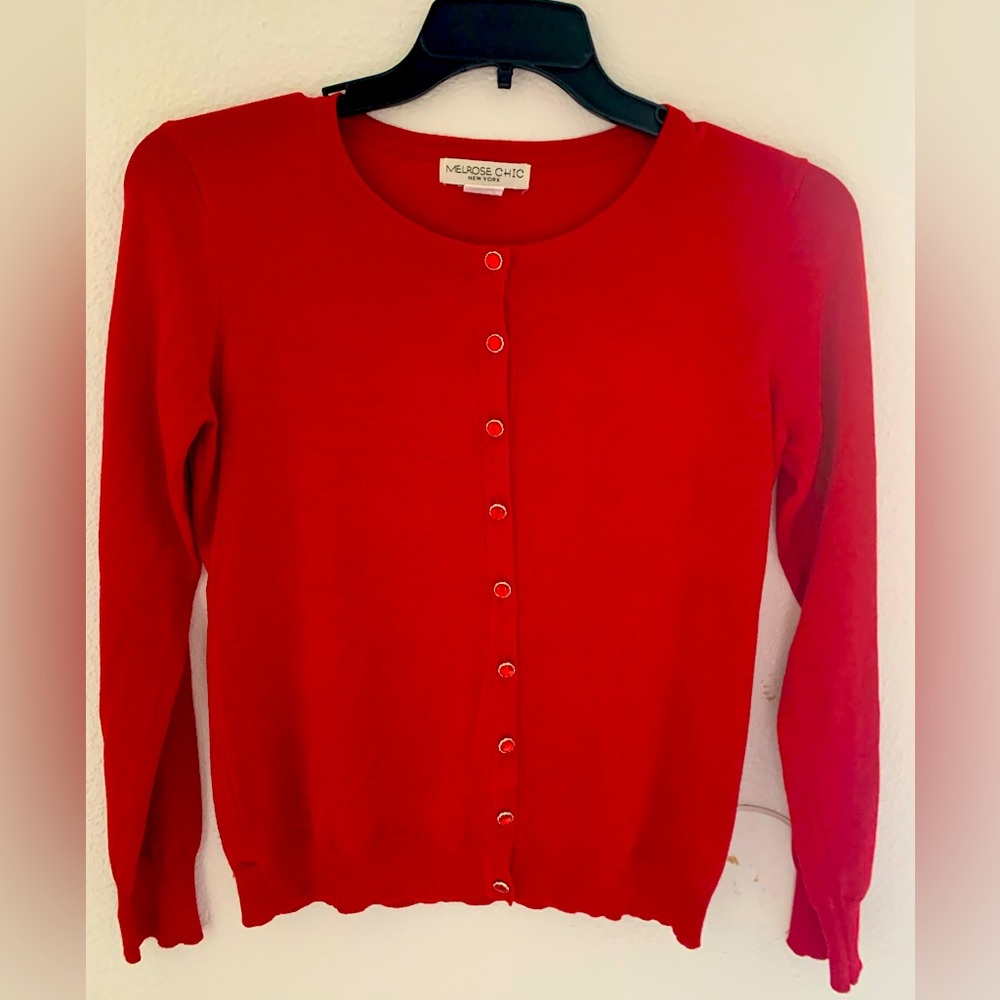 MEROSE Chic Red cardigan. W/Med HOLIDAY wear ready.  Bejeweled buttons.